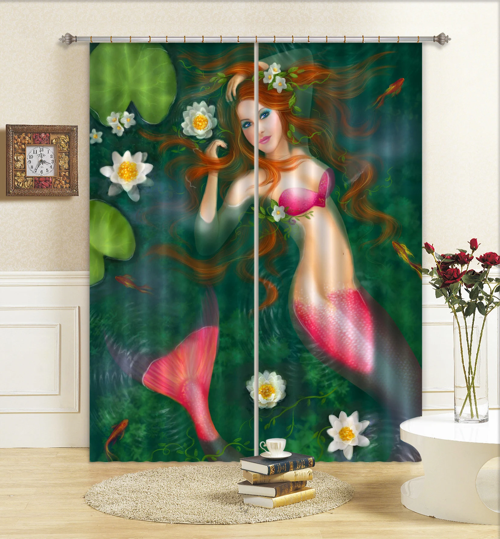 3d lotus and mermaid  cc297 blockout photo curtain print curtains drapes fabric window