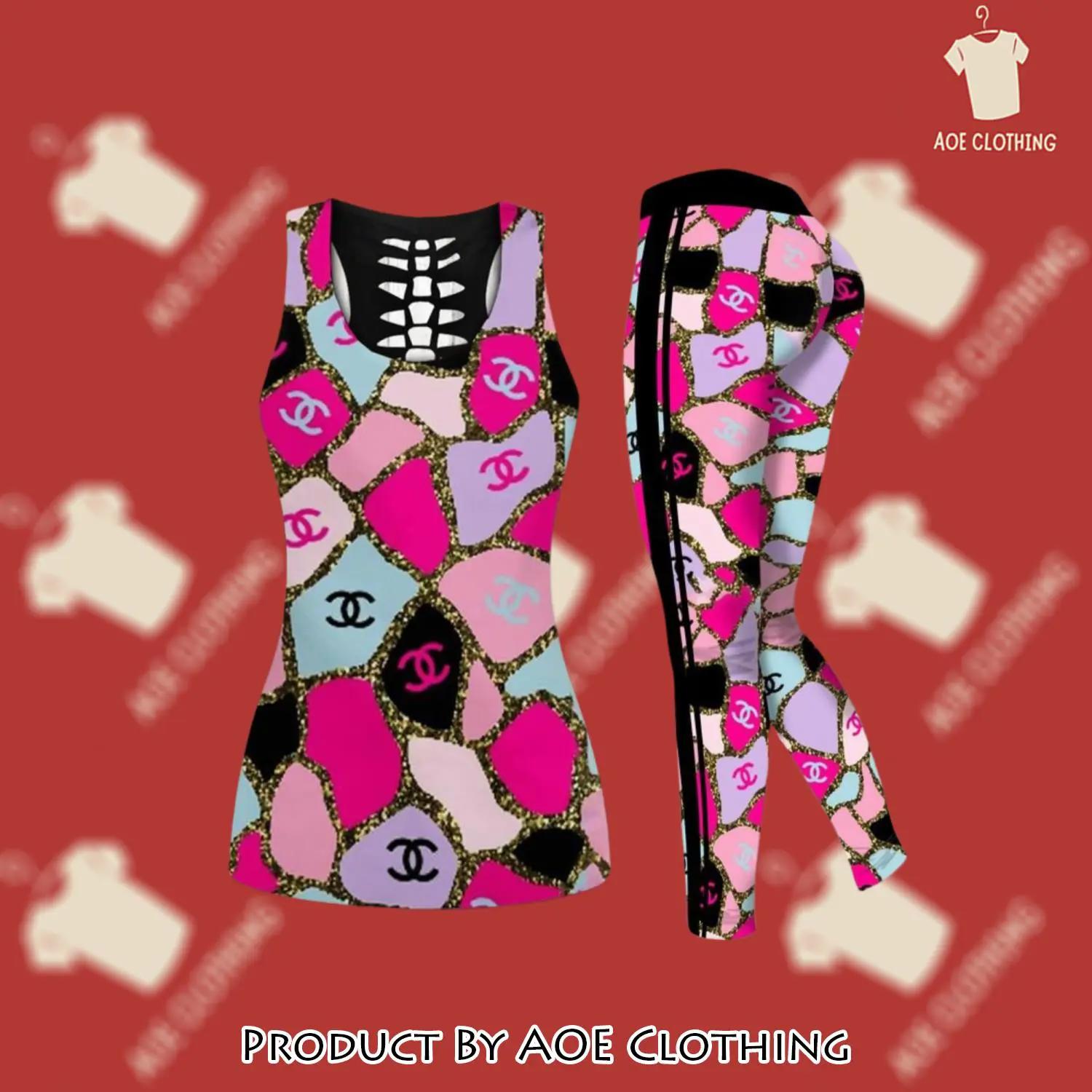 Chanel pink tank top leggings luxury brand clothing clothes outfit gym for women 125 htls - aoe-ttl-123611