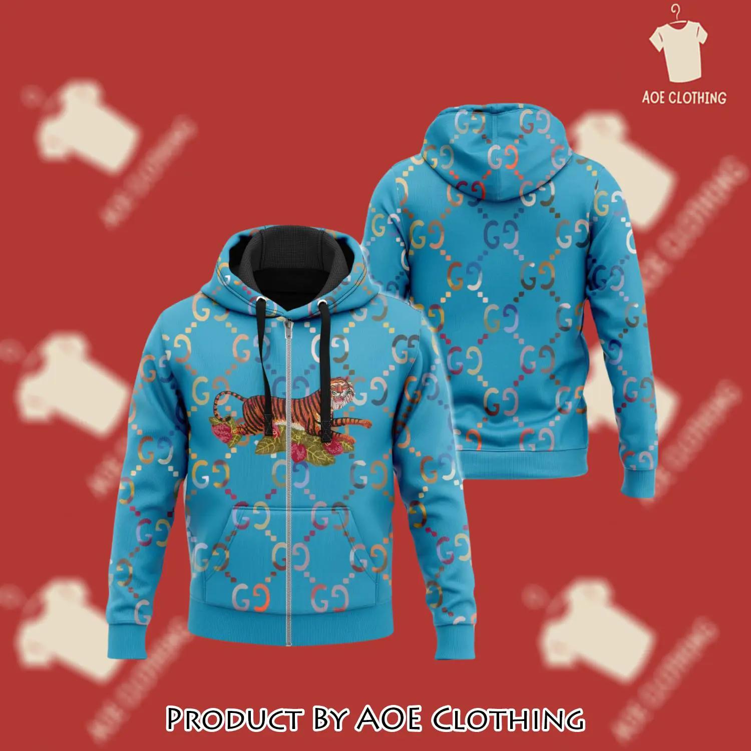 Gucci tiger blue unisex zipper hoodie for men women luxury brand - aoe-zh-918790