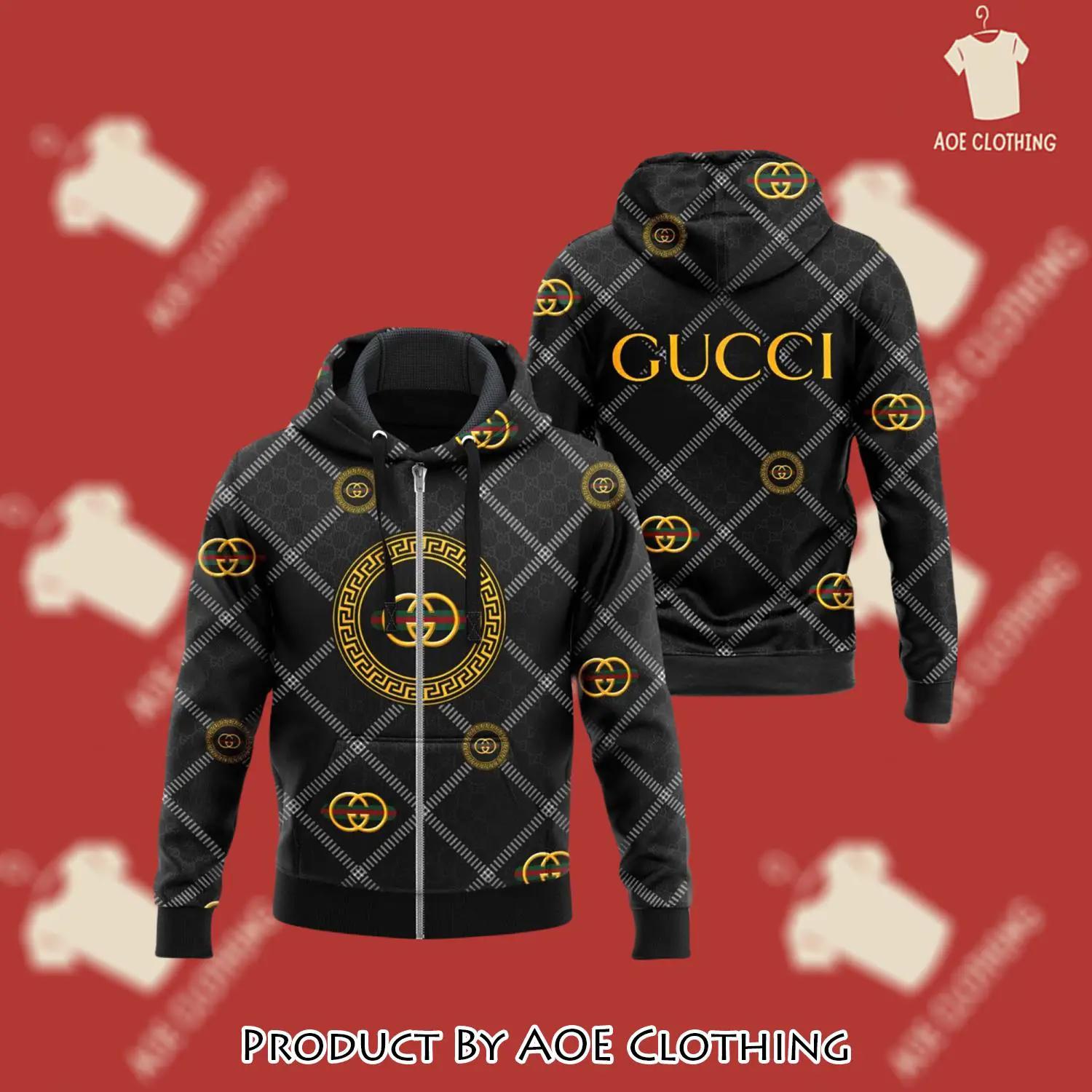 Gucci yellow pattern black luxury brand unisex zipper hoodie premium outfit for men women - aoe-zh-898250