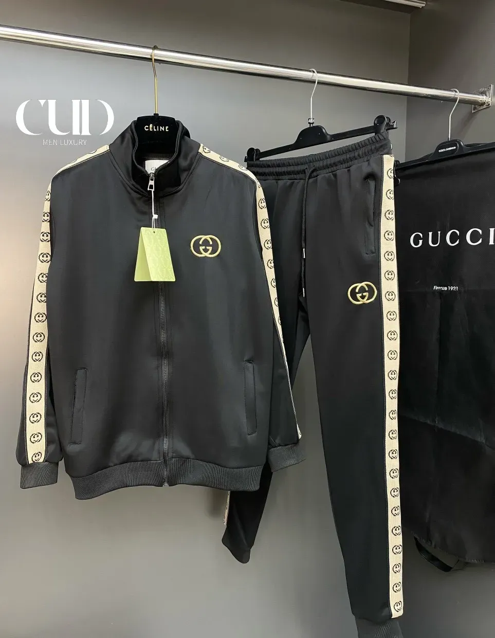 New Black Gucci Varsity Tracksuit Set Luxury Brand For Men And Women