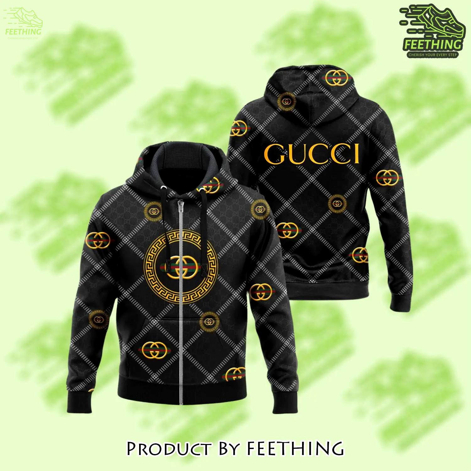 Gucci yellow pattern black luxury brand unisex zipper hoodie premium outfit for men women - ft-zh-888906