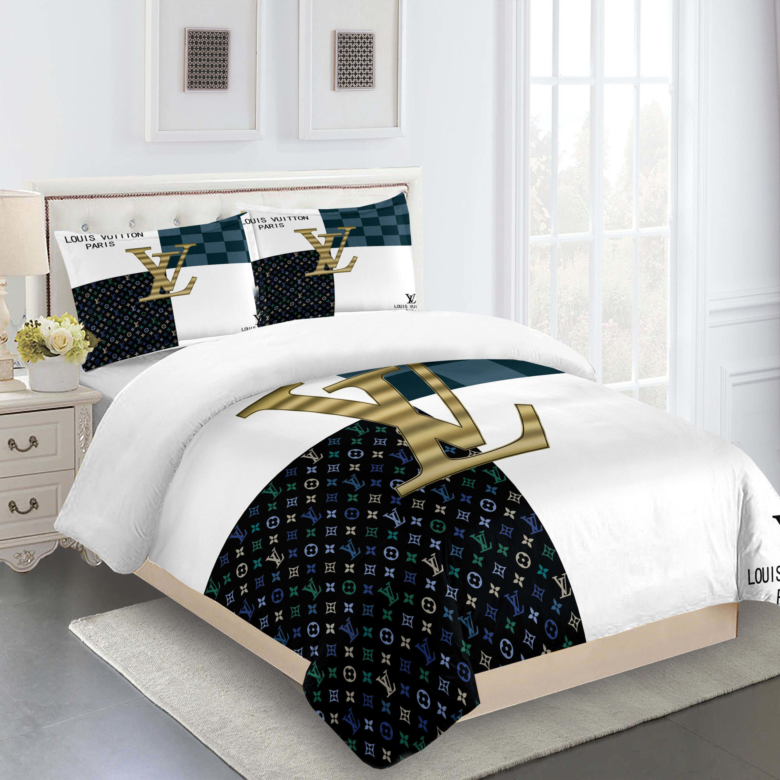 Comforter sets golden with black gold logo louis vuitton bedding set