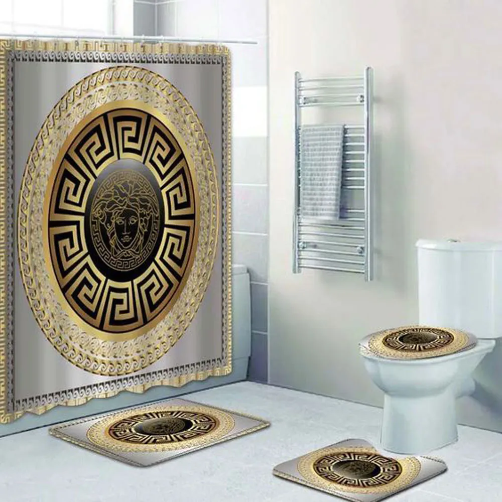 Versace golden fashion bathroom set luxury shower curtain bath rug mat luxury bathroom set trending 2023 for home