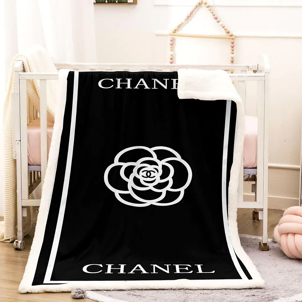 Chanel white flower black luxury brand premium blanket fleece hot 2023 for home decor