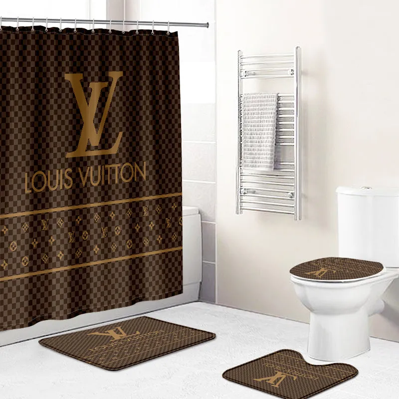 Louis Vuitton Lv Brown Bathroom Set Hot 2023 Luxury Shower Curtain Bath Rug Mat Home Decor