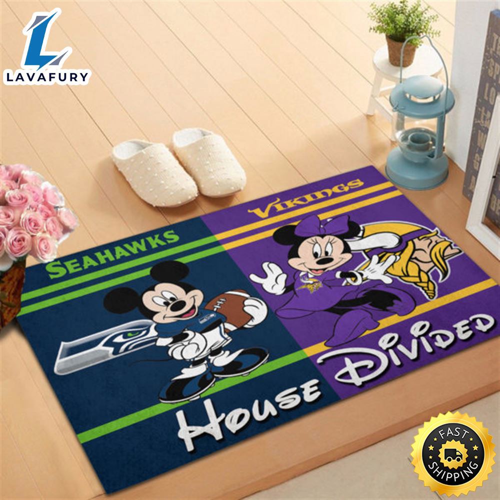 Seattle seahawks vs minnesota vikings mickey and minnie teams nfl house divided doormat