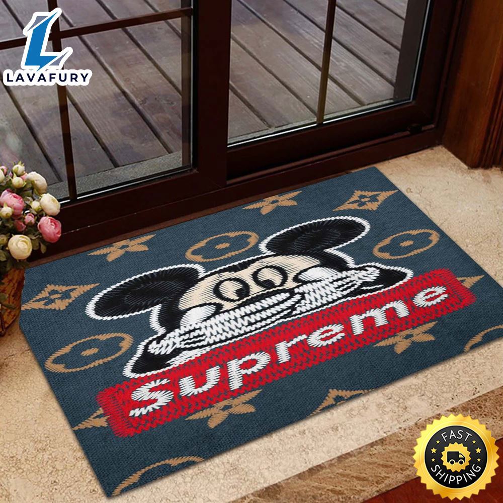 Supreme red logo with mickey cartoon doormat