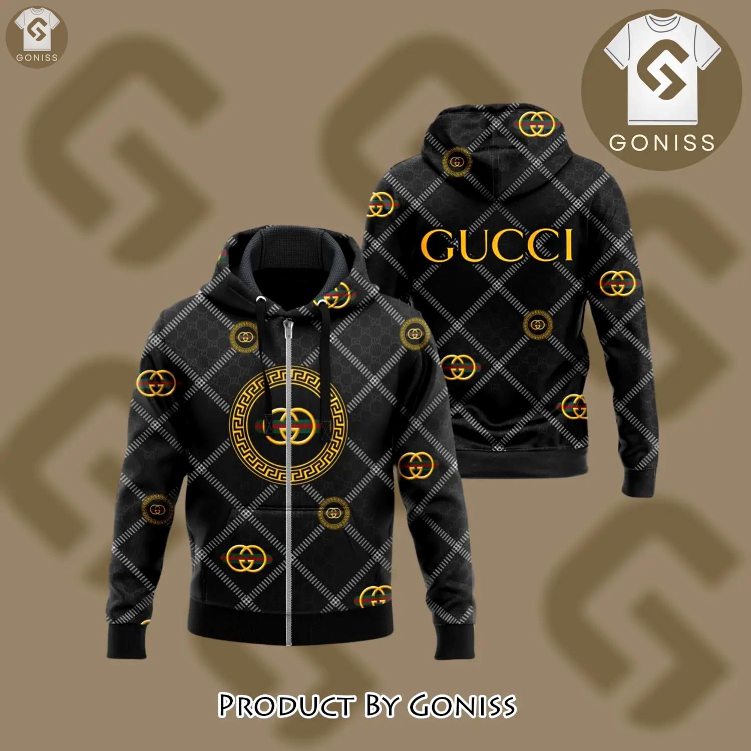 Gucci yellow pattern black luxury brand unisex zipper hoodie premium outfit for men women - gn-zh-509635