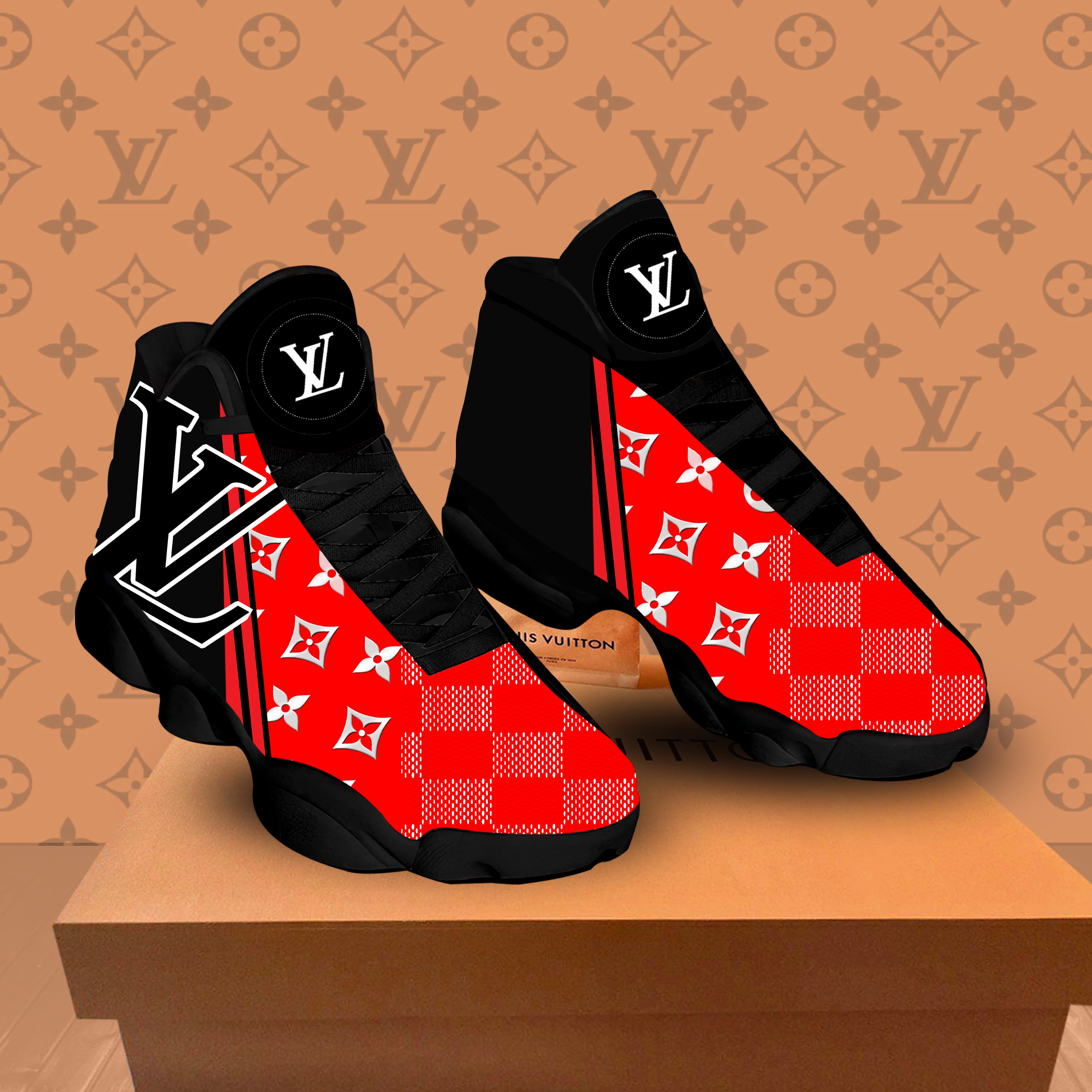 Louis vuitton air jordan 13 sneakers shoes black red luxury outfit louis vuitton gifts for men and women
