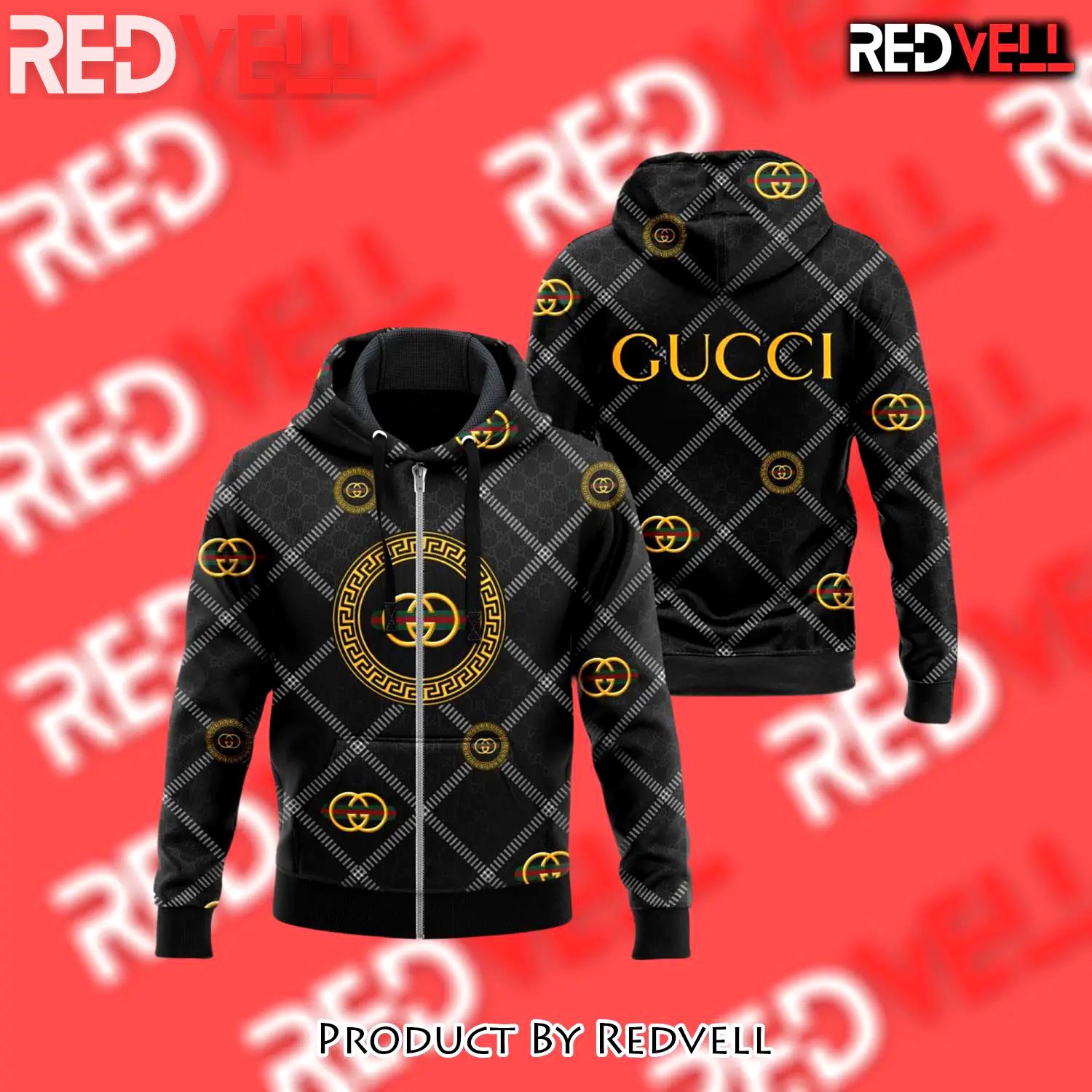 Gucci yellow pattern black luxury brand unisex zipper hoodie premium outfit for men women - rv-zh-715533
