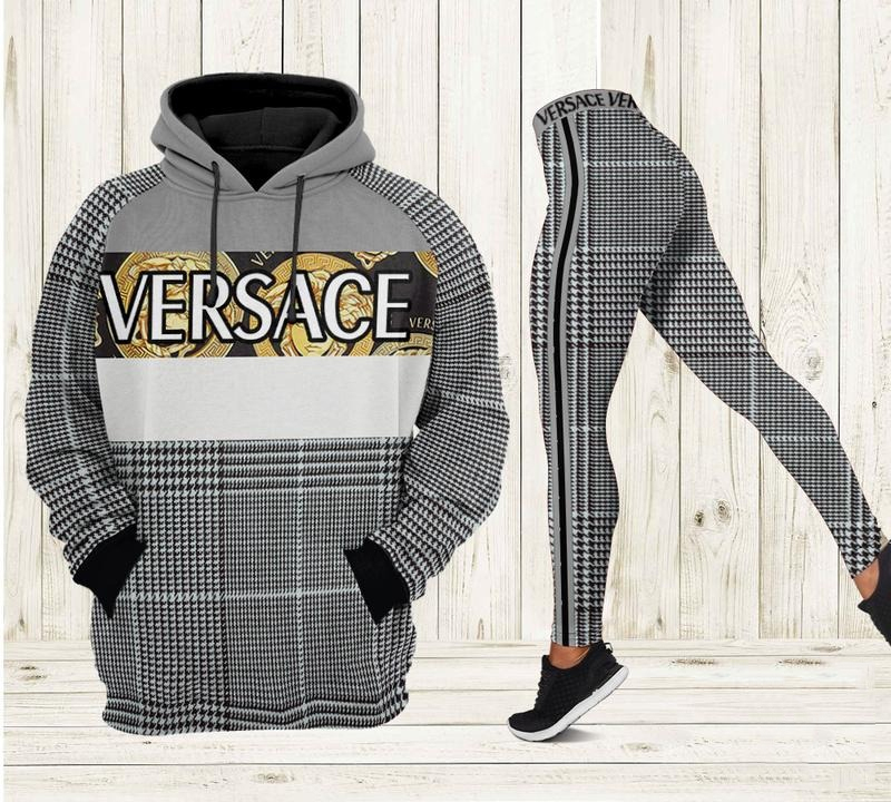 Versace grey white plaid pattern 3d hoodie and leggings set 286 hcst