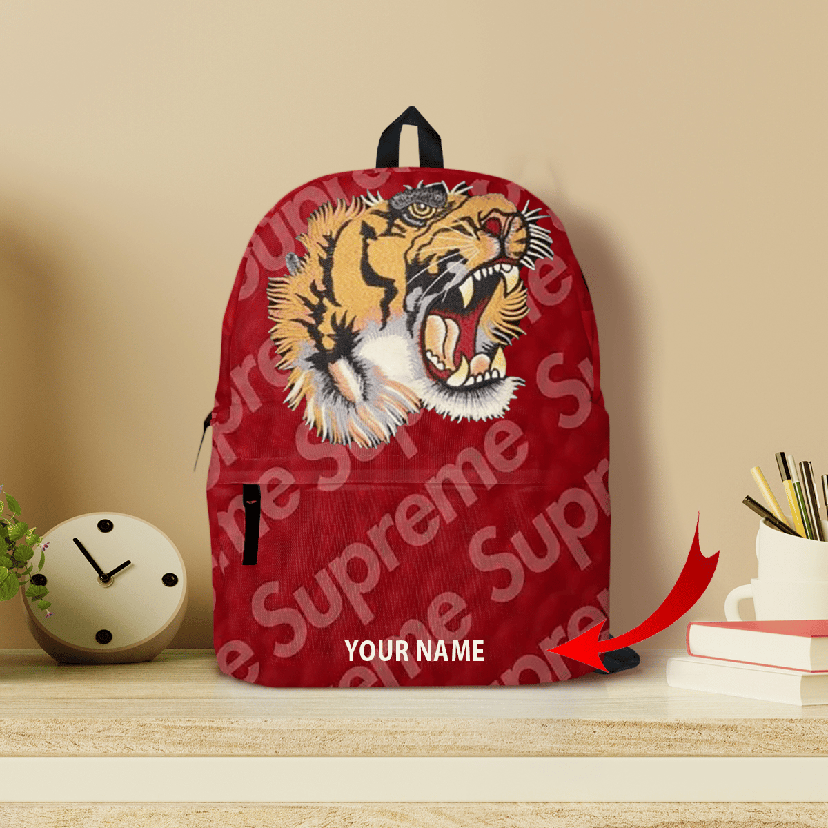 Supreme red tiger customized all-over-printed backpack