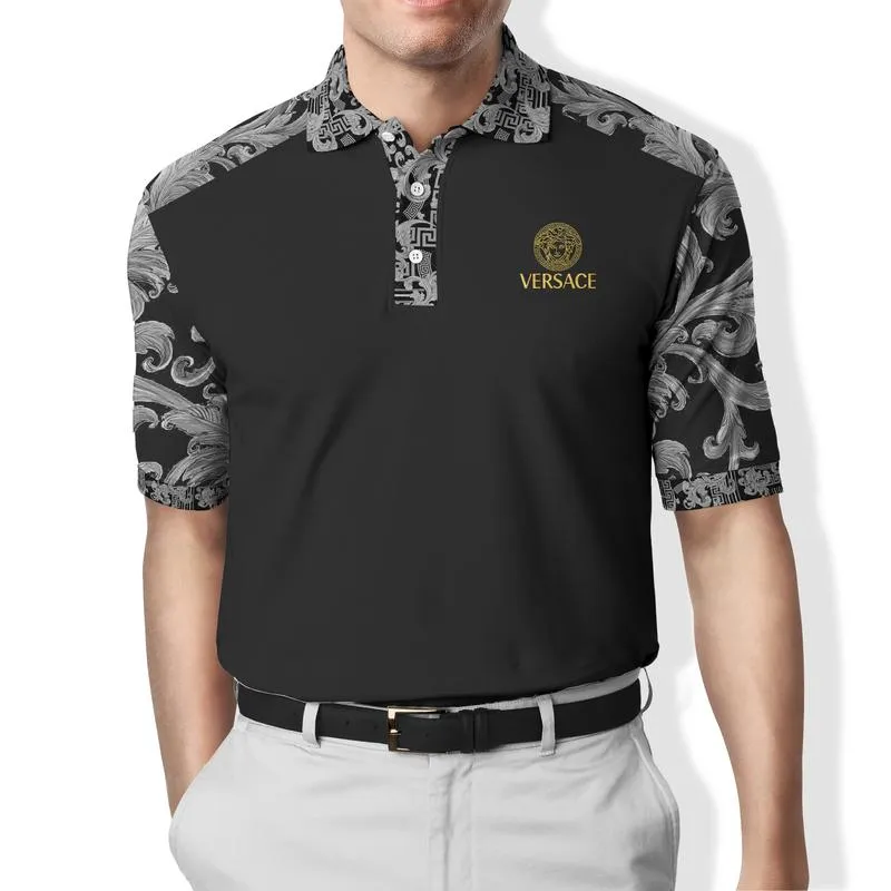 Versace Medusa Grey Pattern Black Polo Shirt Luxury Brand Clothing Golf Tennis Outfit