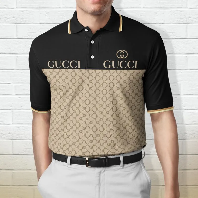 Gucci Black Beige Polo Shirt Luxury Brand Clothing Golf Tennis Outfit