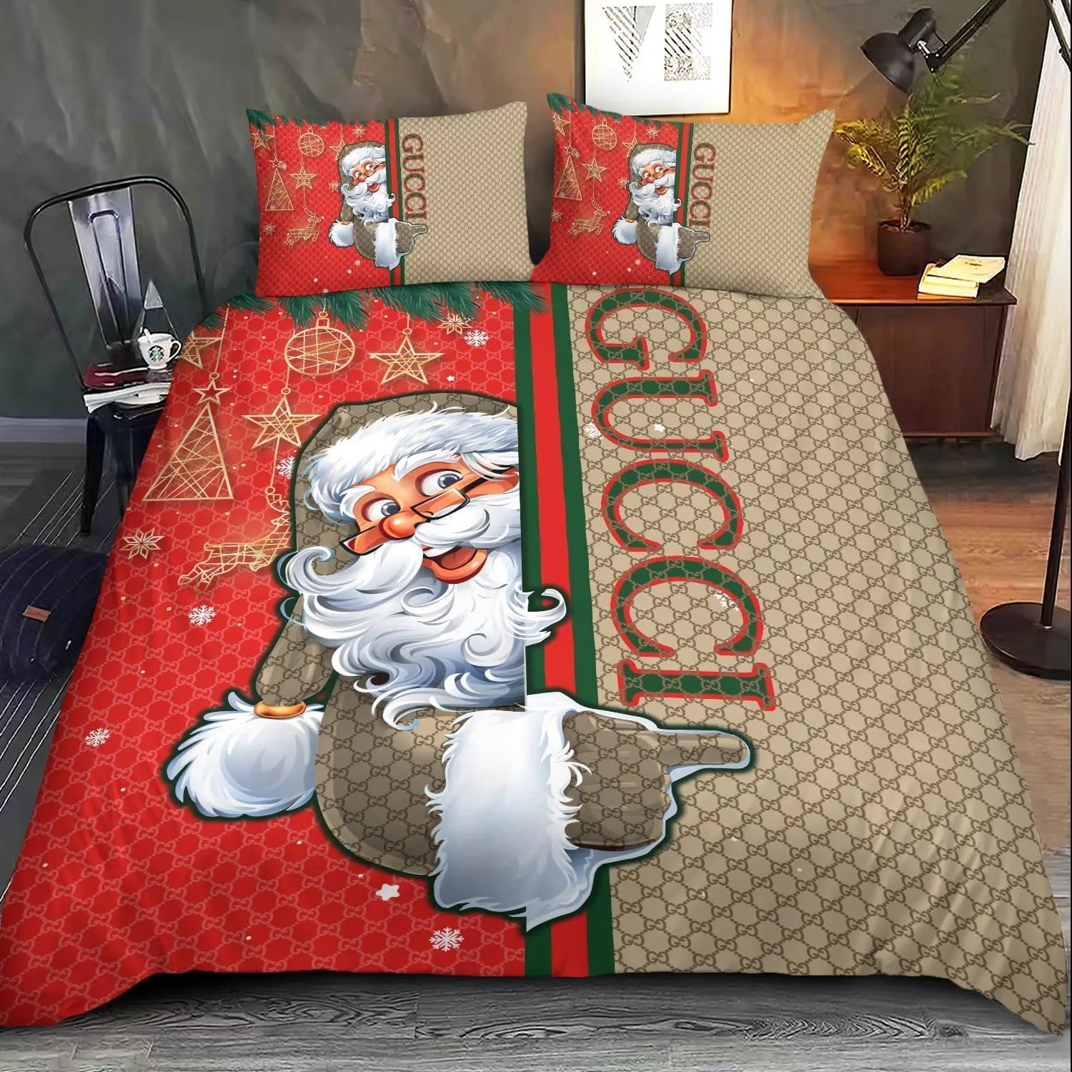 Gucci Santa Claus Pattern Bedding Set Luxury Brand Home Decor