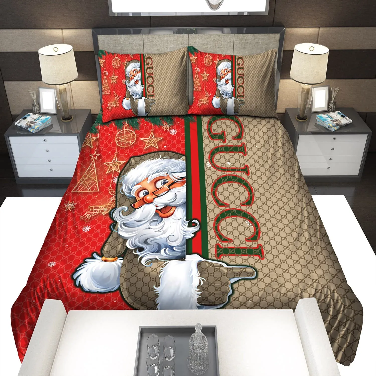 Gucci Santa Claus Pattern Bedding Set Luxury Brand Home Decor