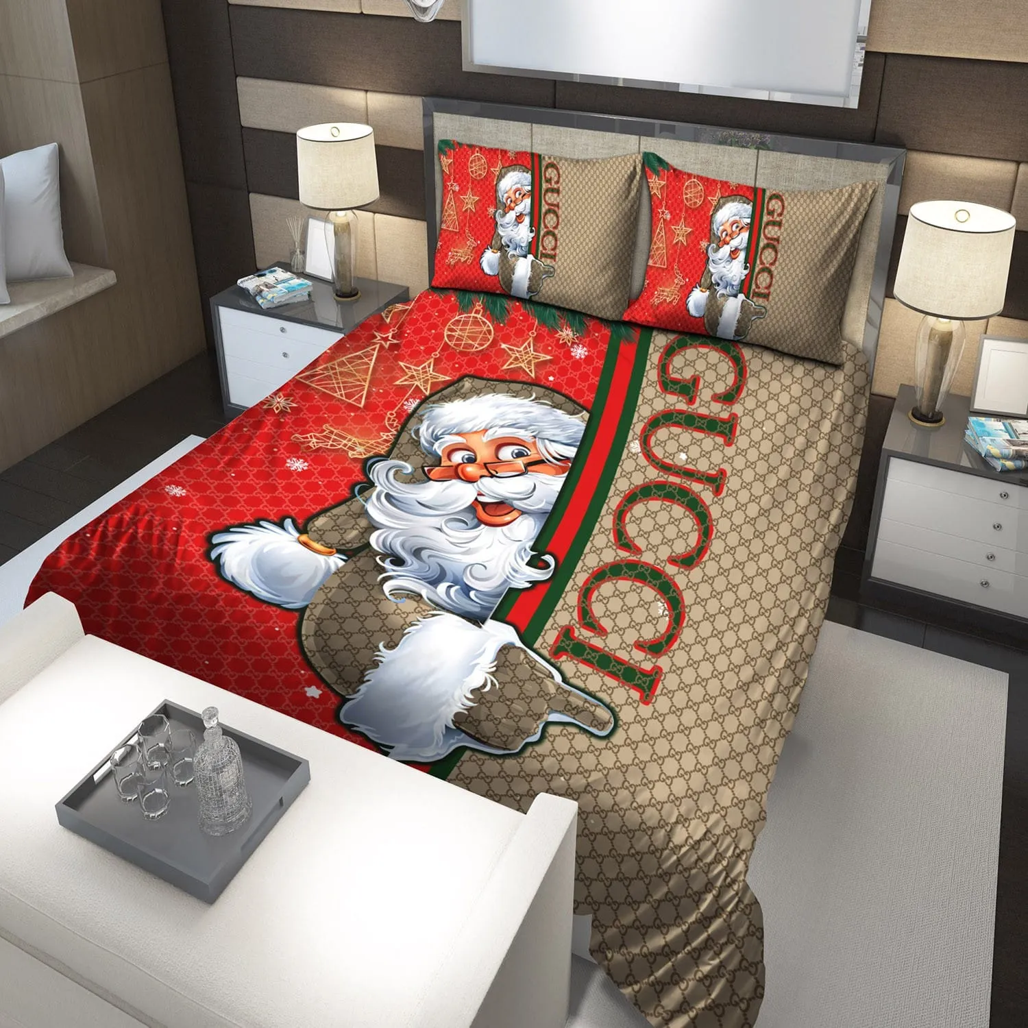 Gucci Santa Claus Pattern Bedding Set Luxury Brand Home Decor
