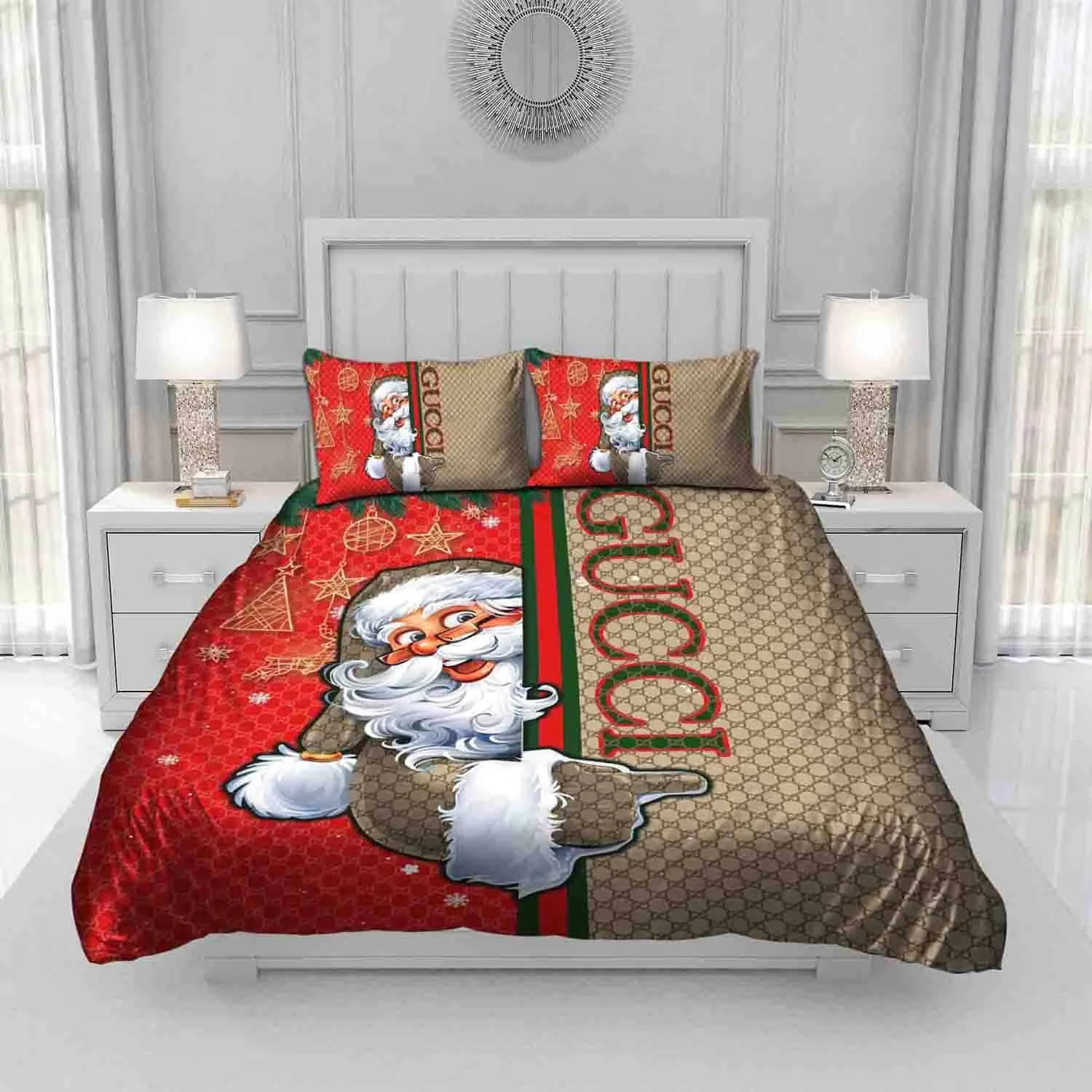 Gucci Santa Claus Pattern Bedding Set Luxury Brand Home Decor