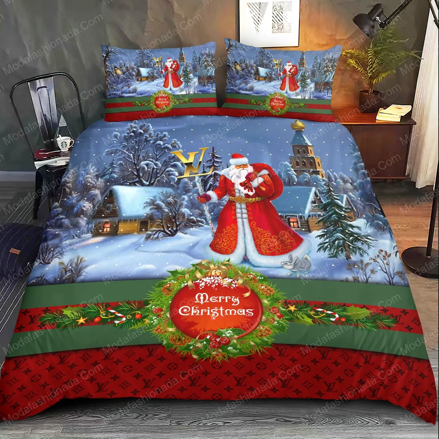 Louis Vuitton Santa Claus Merry Christmas Bedding Set Luxury Brand Home Decor