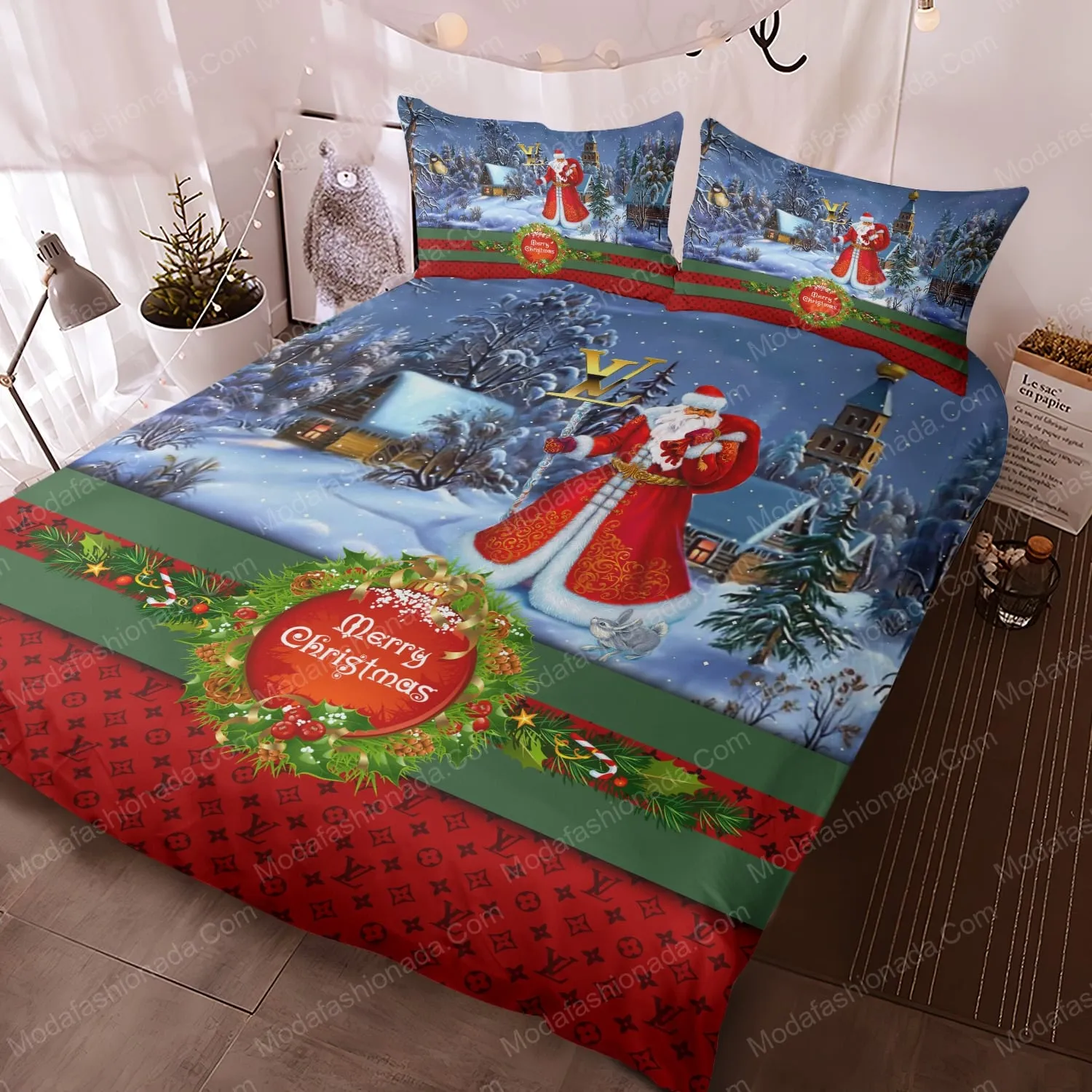 Louis Vuitton Santa Claus Merry Christmas Bedding Set Luxury Brand Home Decor
