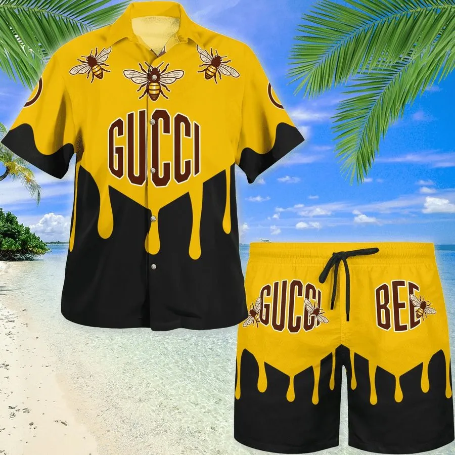 Gucci Bee Yellow Black Hawaii Set Luxury Brand Fashion For Men