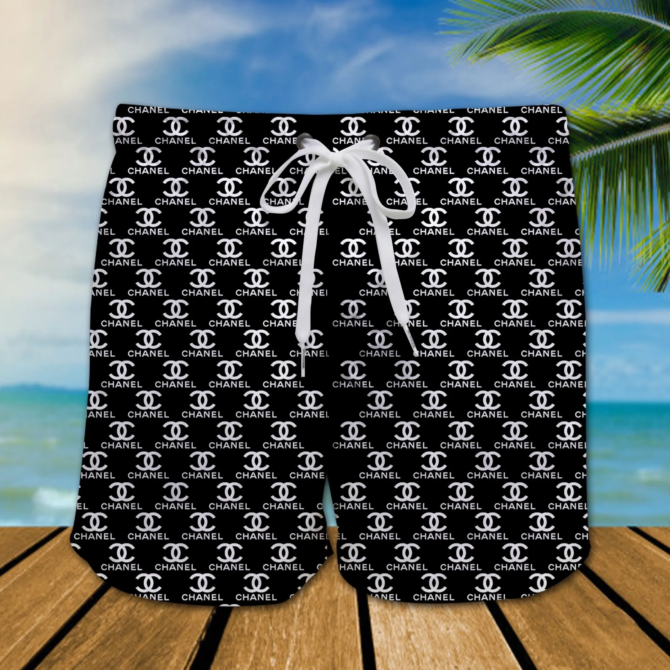 Chanel Black White Luxury All Over Print Shorts Swimsuit Outfit For Men