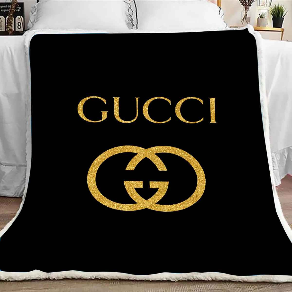 Gucci Black Golden Logo Luxury Brand Premium Blanket Fleece Home Decor