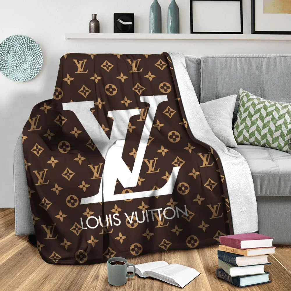 Louis Vuitton White Logo Brown Blanket Fleece Home Decor Special Gift