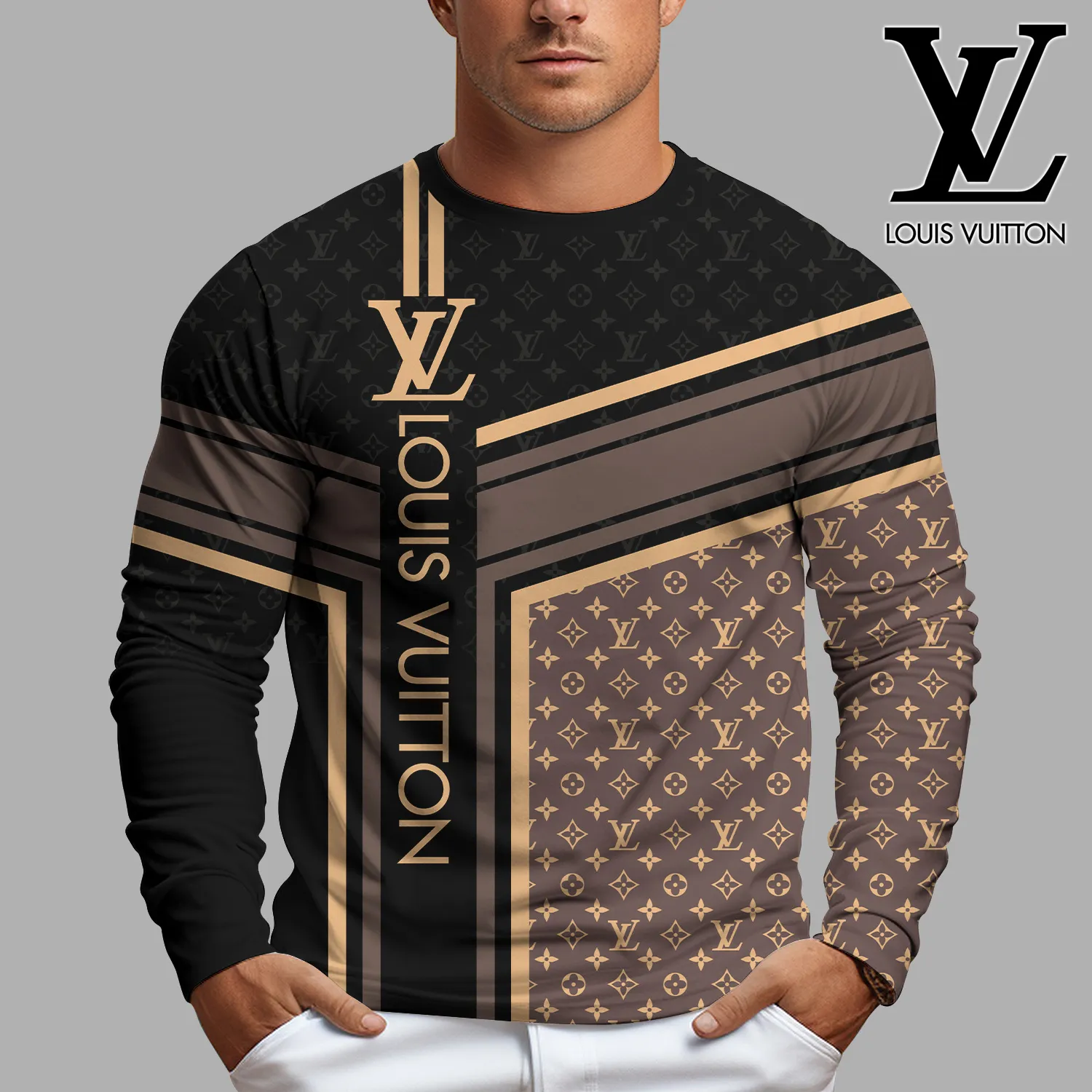 Louis Vuitton Black Brown Luxury Brand Unisex Premium Long Sleeves Shirt Special Outfit For Men Women