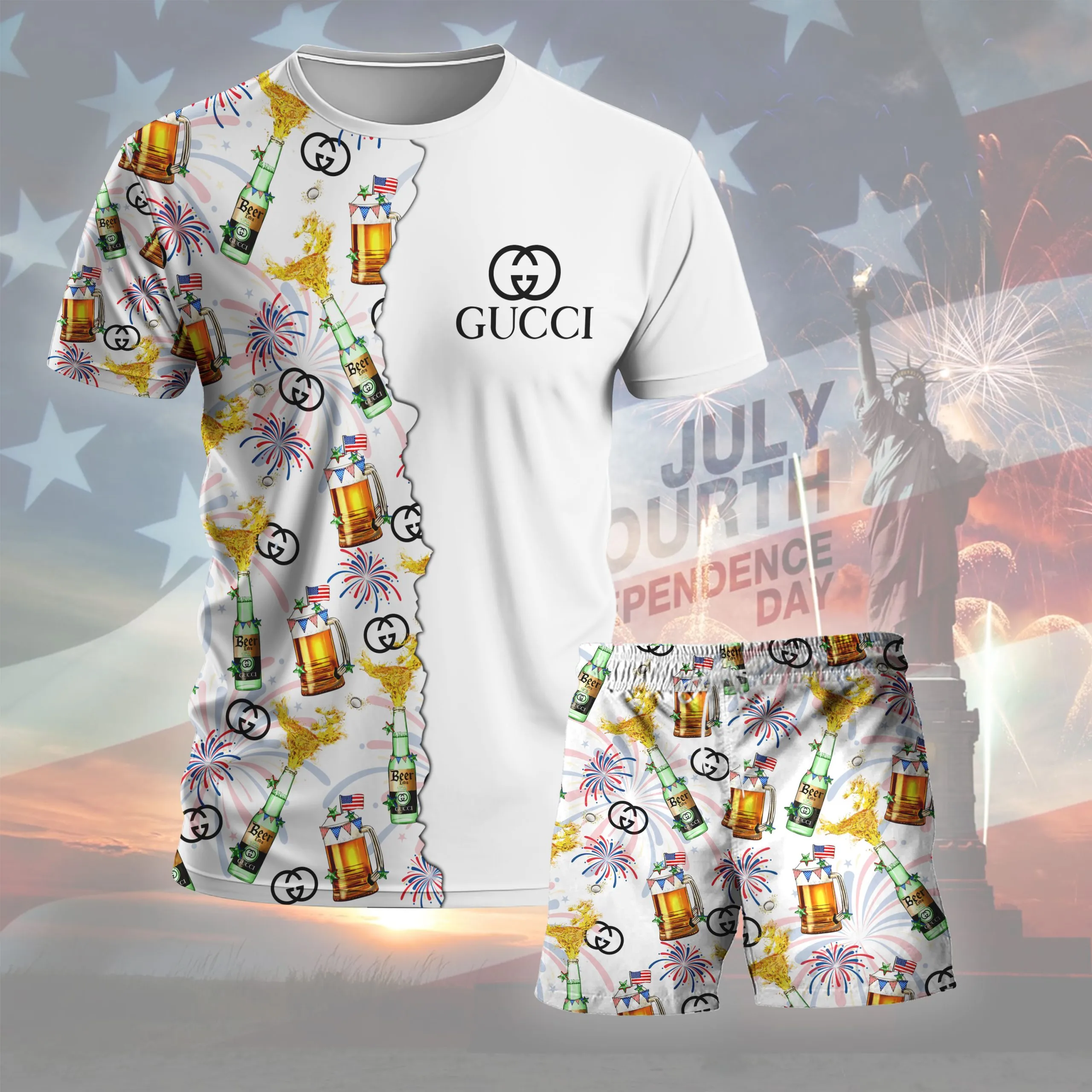 Gucci Bear Pattern T-Shirt Short Set Luxury Brand Premium Clothing Outfit For Men Women