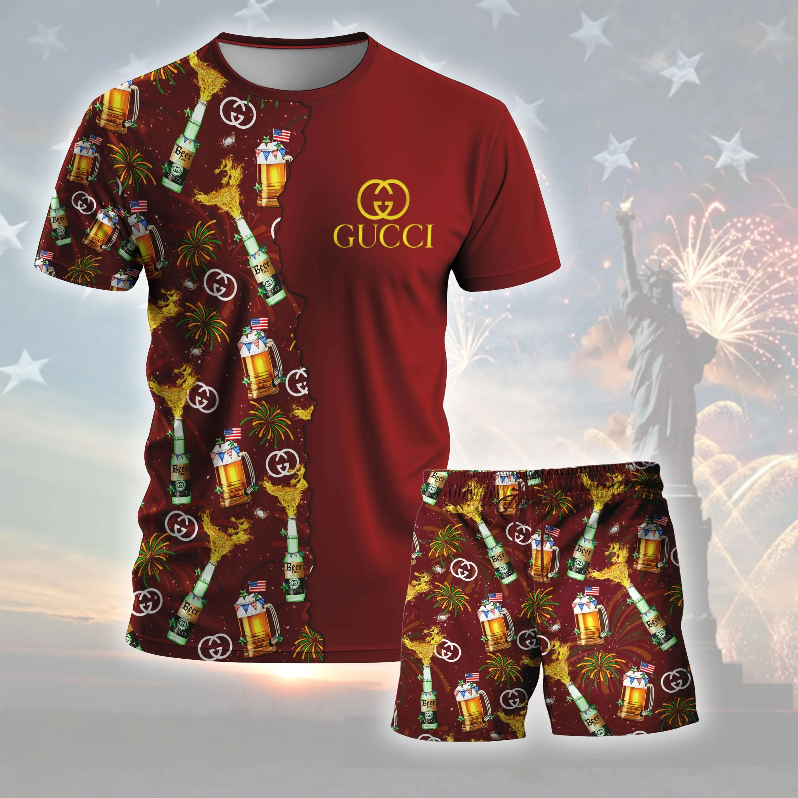 Gucci Bear Pattern Red T-Shirt Short Set Luxury Brand Premium Clothing Outfit For Men Women