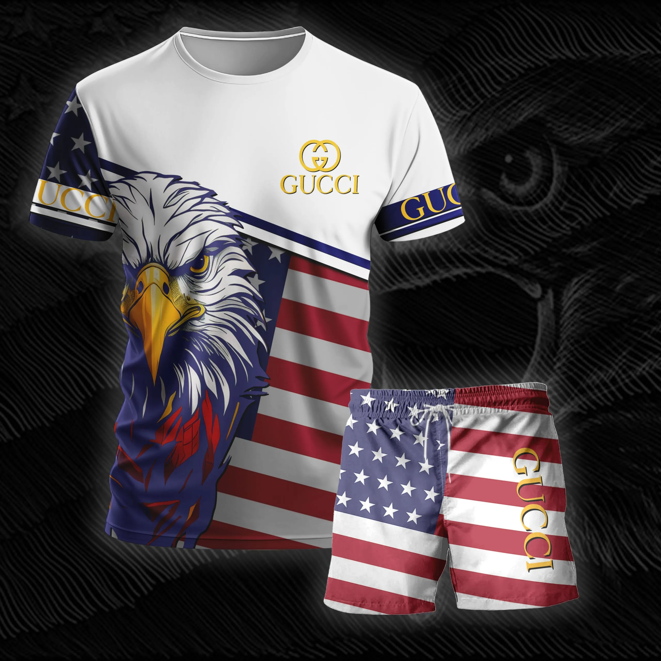 Gucci US Flag Pattern T-Shirt Short Set Luxury Brand Premium Clothing Outfit For Men Women