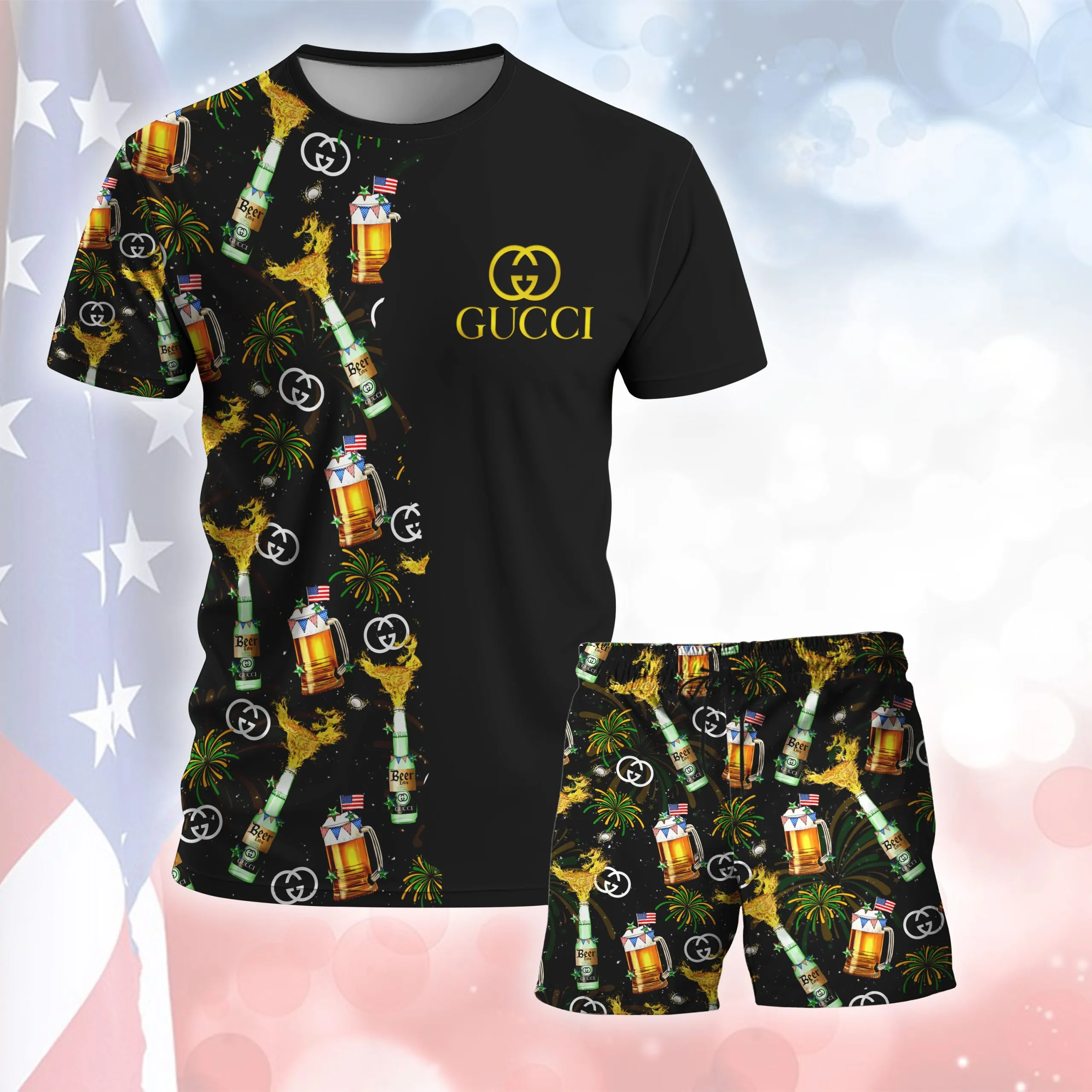 Gucci Bear Pattern Black T-Shirt Short Set Luxury Brand Premium Clothing Outfit For Men Women