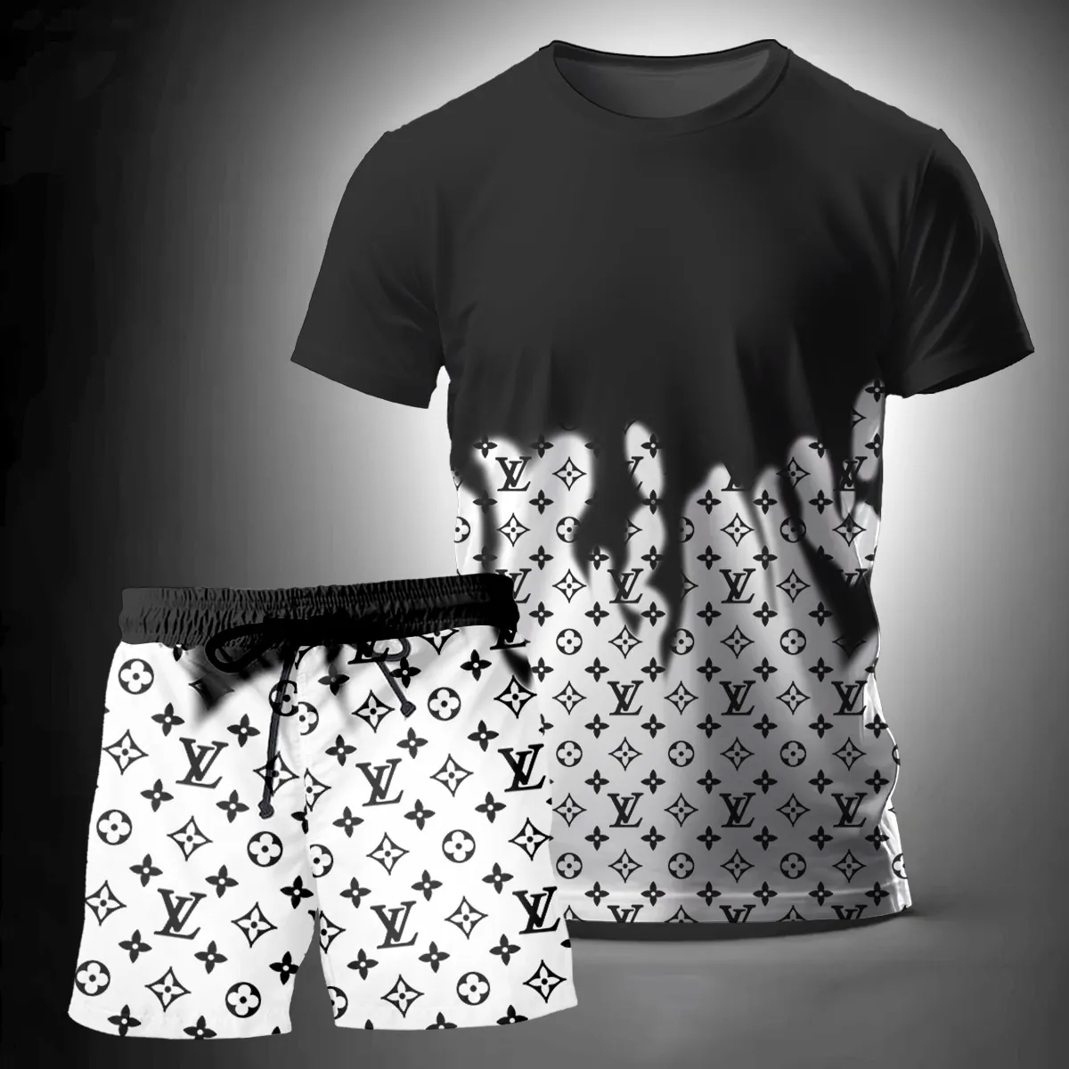 Louis Vuitton Black White T-Shirt Short Set Luxury Brand Premium Clothing Outfit For Men Women