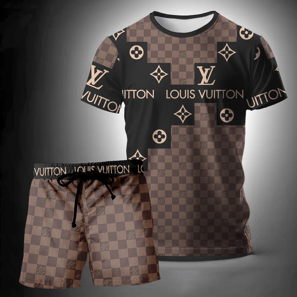 Louis Vuitton Black Brown T-Shirt Short Set Luxury Brand Premium Clothing Outfit For Men Women