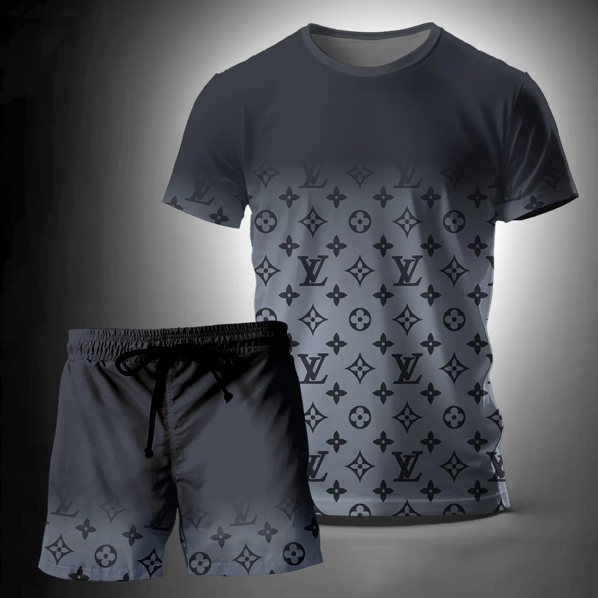 Louis Vuitton Grey Premium T-Shirt Short Set Luxury Brand Clothing Outfit For Men Women