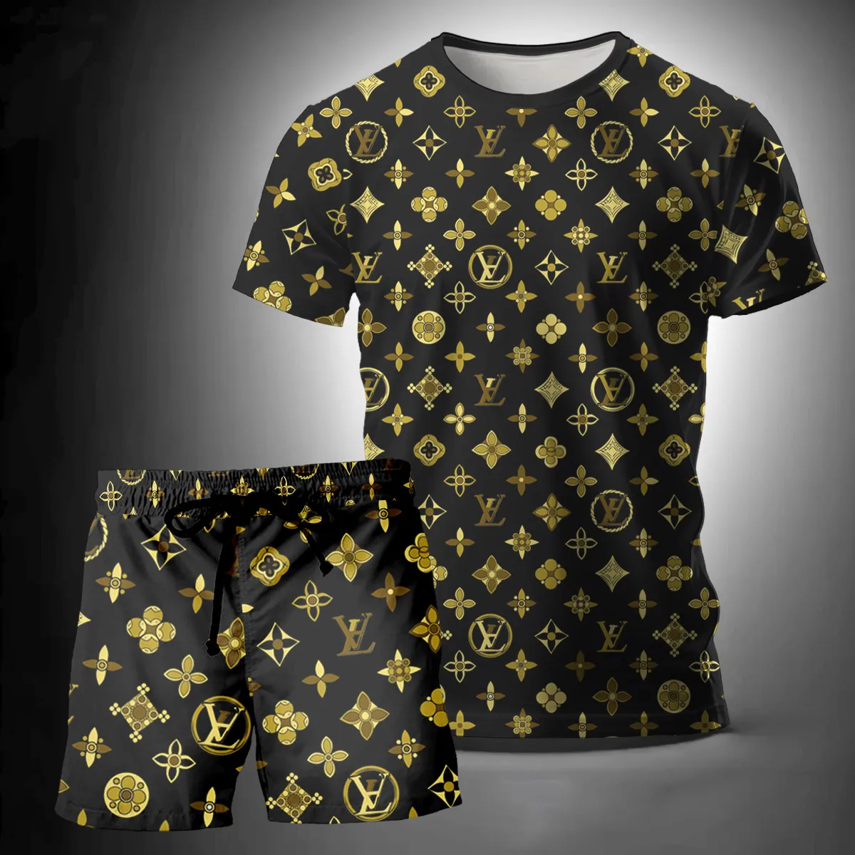 Louis Vuitton Yellow Logo Black Luxury Brand T-Shirt Short Set Clothing Outfit For Men Women
