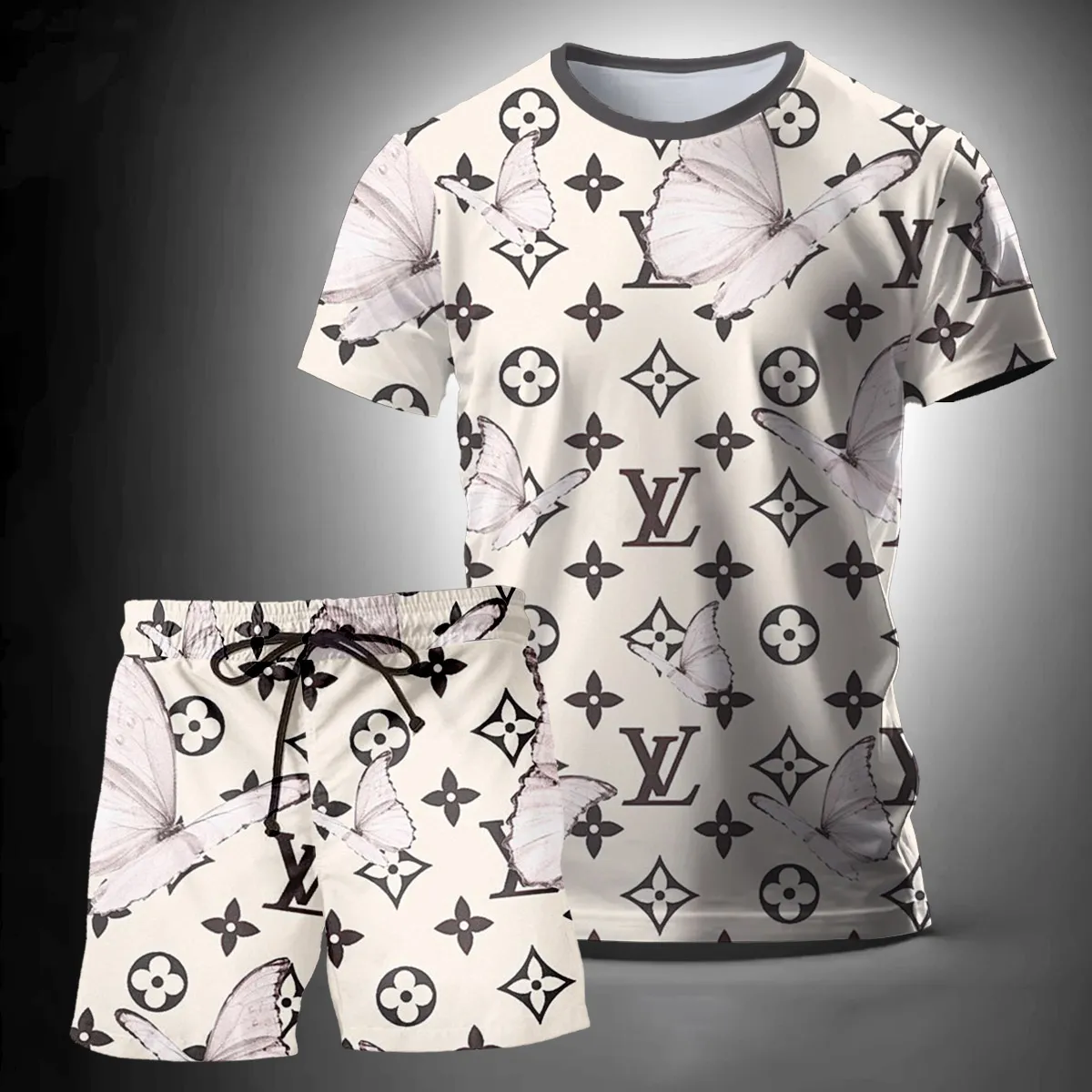 Louis Vuitton Butterfly Pattern Luxury Brand T-Shirt Short Set Clothing Outfit For Men Women