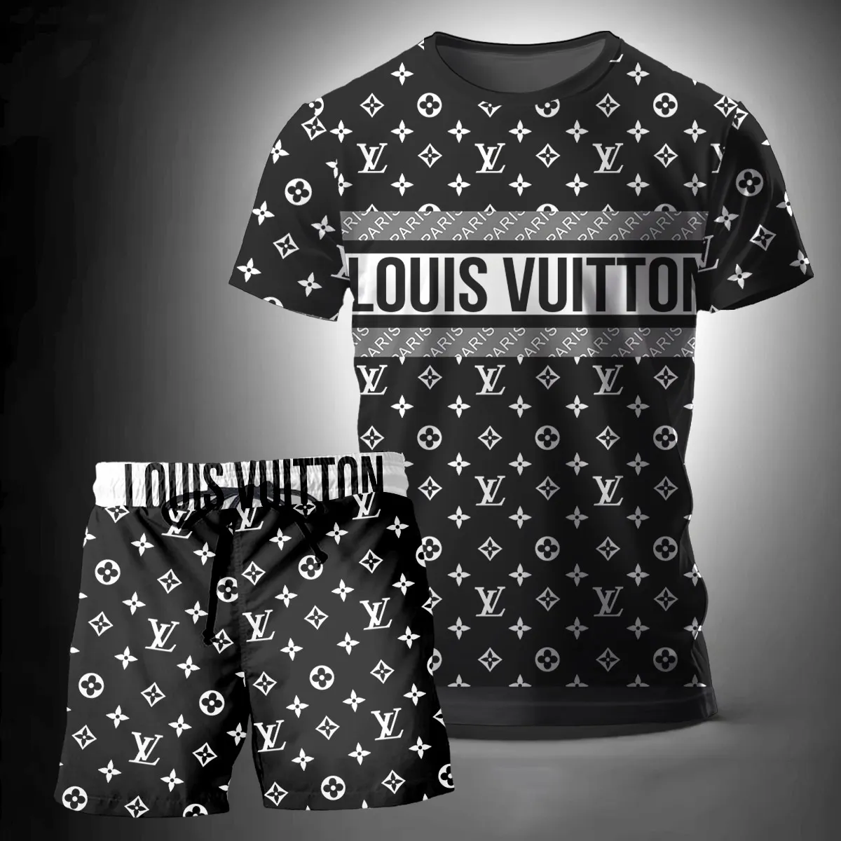 Louis Vuitton Paris Black Luxury Brand T-Shirt Short Set Clothing Outfit For Men Women