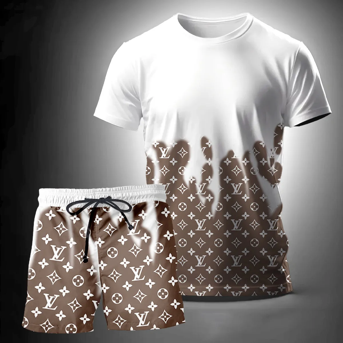 Louis Vuitton White Brown Luxury Brand T-Shirt Short Set Clothing Outfit For Men Women