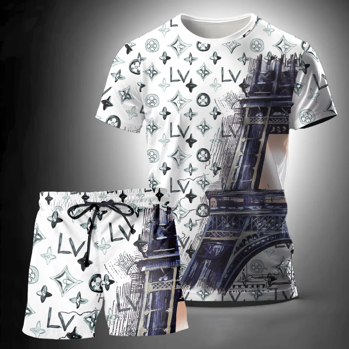 Louis Vuitton Eiffel Tower Luxury Brand T-Shirt Short Set Clothing Outfit For Men Women