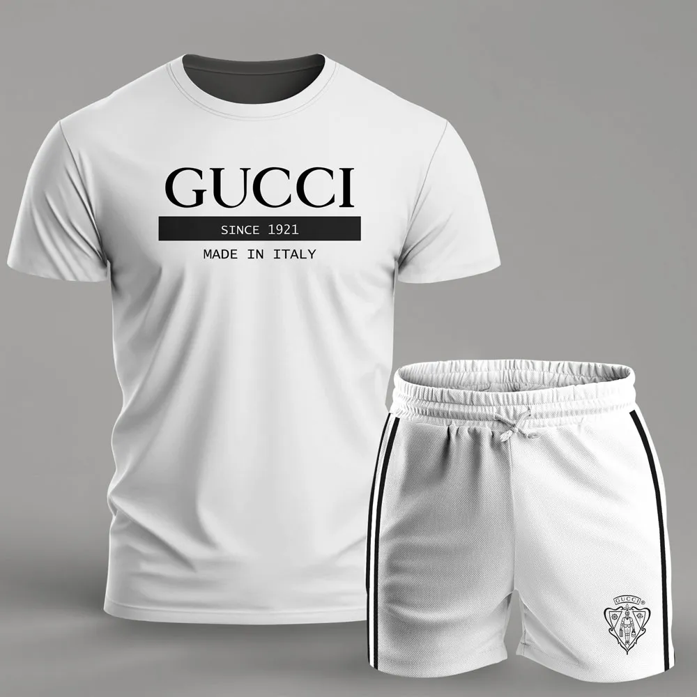 Gucci Made In Italy White Luxury Brand T-Shirt Short Set Clothing Outfit For Men Women