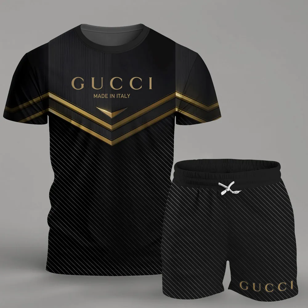 Gucci Stripe Black Luxury Brand T-Shirt Short Set Clothing Outfit For Men Women