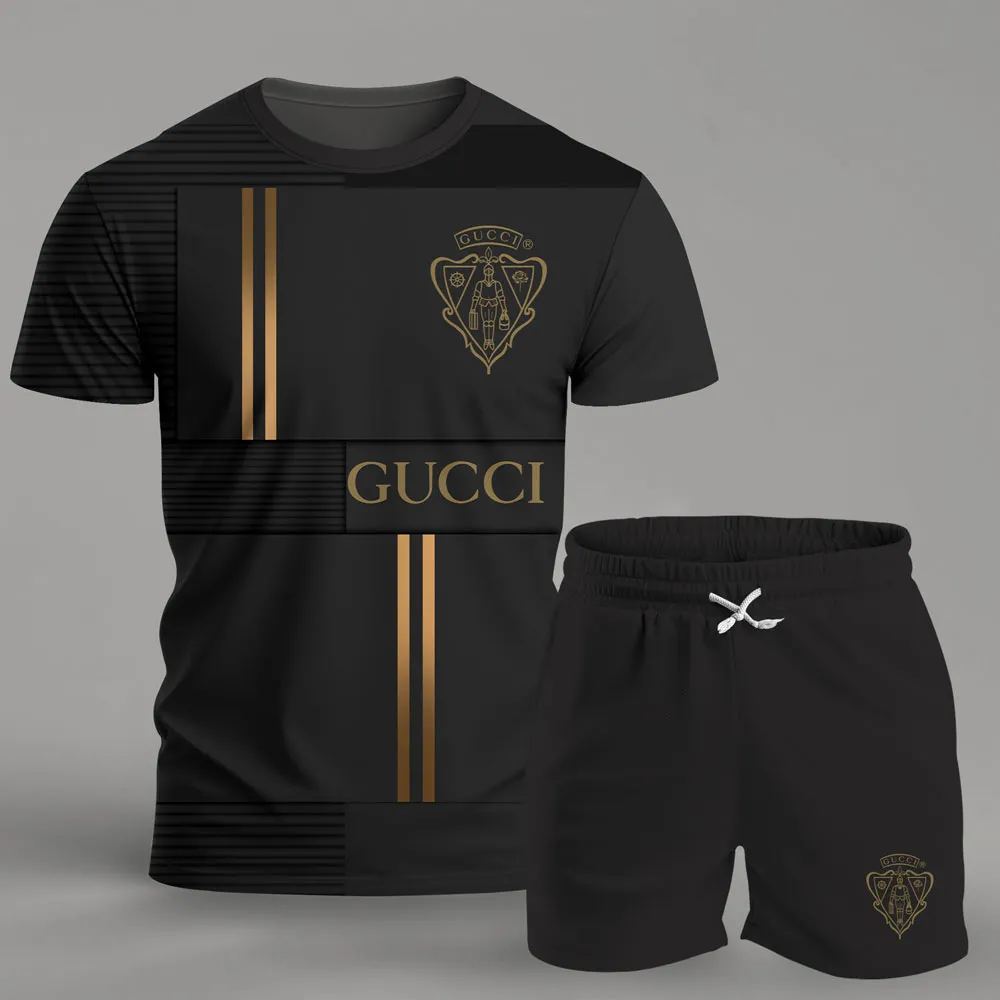 Gucci Logo Black Luxury Brand T-Shirt Short Set Clothing Outfit For Men Women
