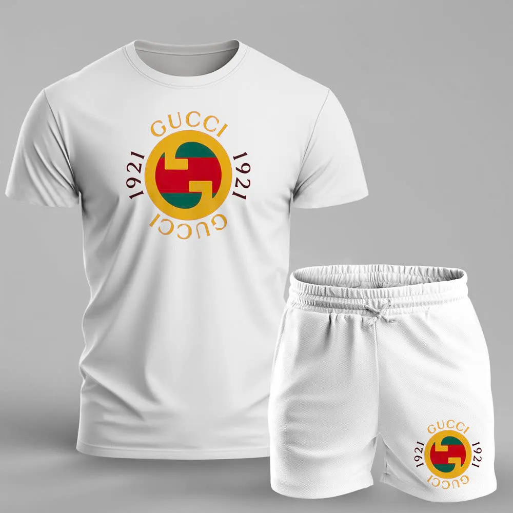 Gucci 1921 Logo White Luxury Brand T-Shirt Short Set Clothing Outfit For Men Women