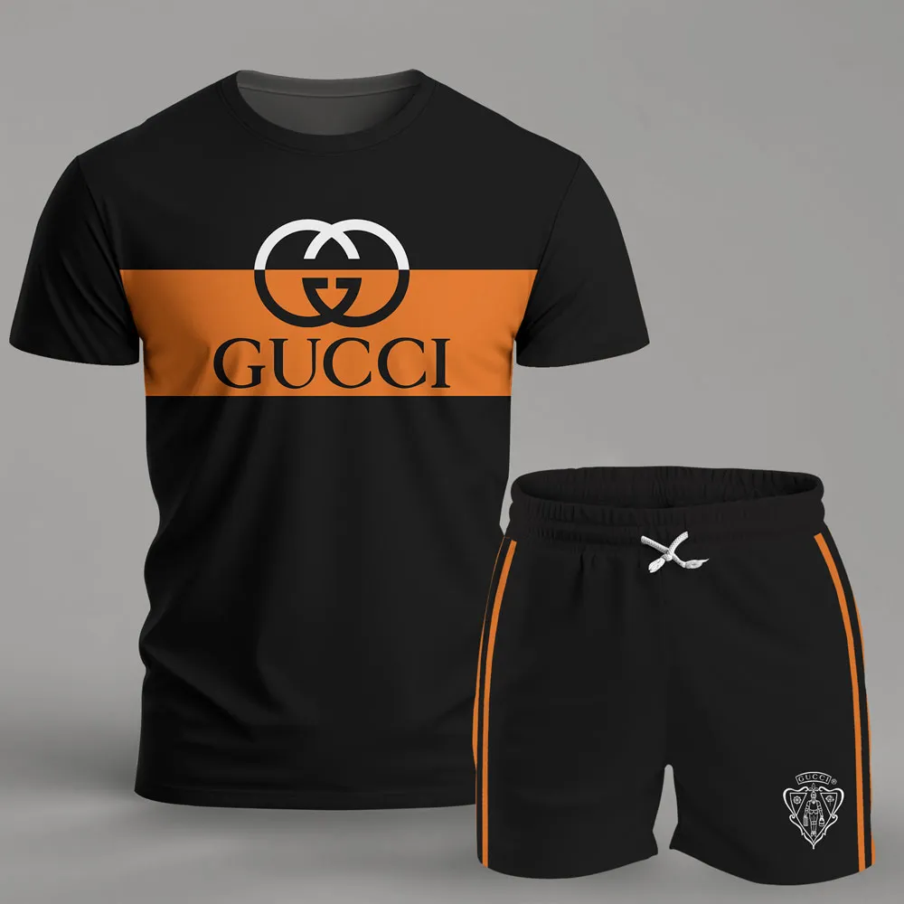 Gucci Orange Black Luxury Brand T-Shirt Short Set Clothing Outfit For Men Women