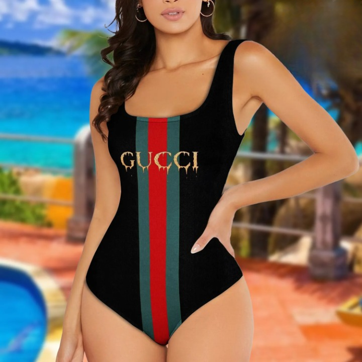 Gucci Logo Black Luxury Premium Swimsuit Special Summer Outfit For Women