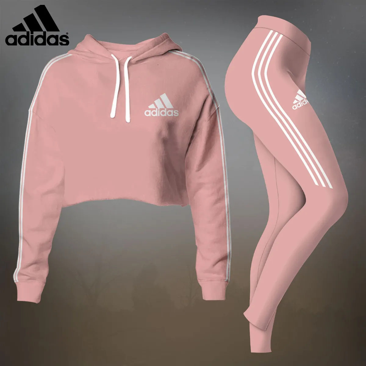 Adidas Pink Luxury Brand Premium Clothes Leggings and Crop Top Set Special Outfit For Women