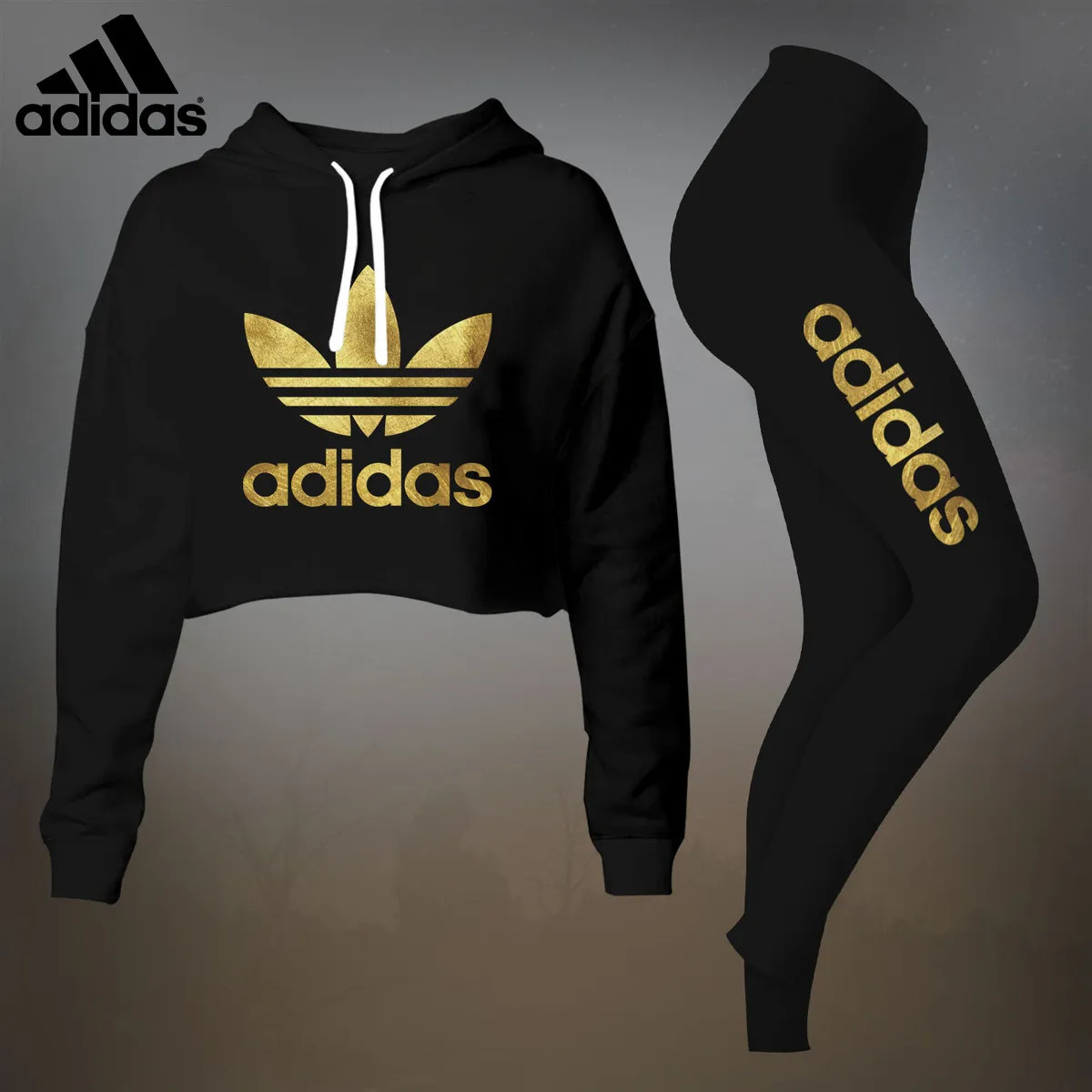 Adidas Yellow Logo Black Luxury Brand Premium Clothes Leggings and Crop Top Set Special Outfit For Women